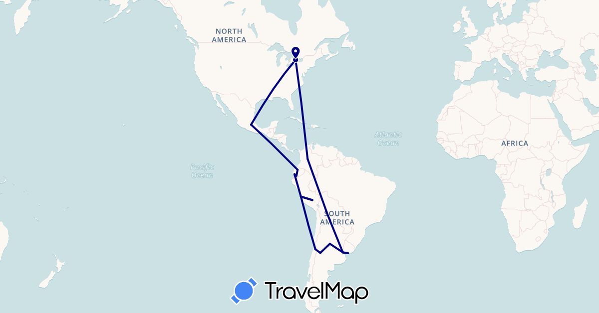 TravelMap itinerary: driving in Argentina, Canada, Chile, Colombia, Ecuador, Mexico, Peru, Uruguay (North America, South America)
